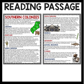 Southern Colonies Reading Comprehension Worksheet Colonial America