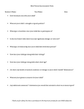 Preview of SpEd Evaluation Brief Parent Questionnaire-English