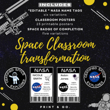 Preview of Space Classroom Transformation: Posters, Completion Badges & Editable Name Tags