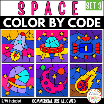 Preview of Space Color by Code Clipart Coloring Template Space - Set 3