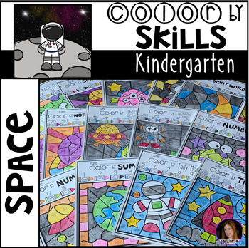 Preview of Space Color by Code Math and Literacy Skills for Kindergarten {4 editable pages}
