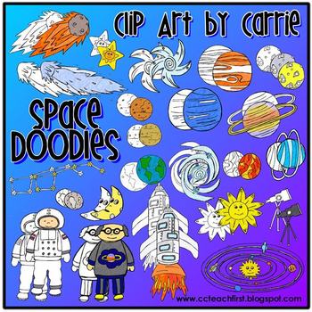 Preview of Space Doodles digital clip art combo (BW & color PNG)