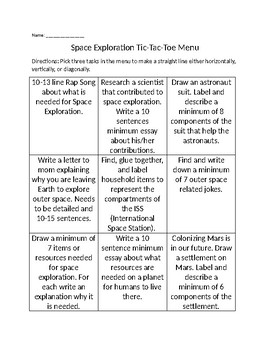 Preview of Space Exploration Tic-Tac-Toe Menu 7th grade science