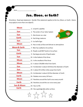 Preview of Space Freebie Worksheet - Is it Sun, Earth, or Moon - includes answer key