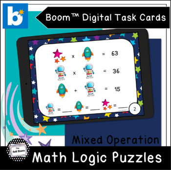 Preview of Space Math Logic Puzzles Mixed Operation Digital Task Cards Boom Learning