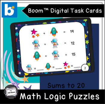 Preview of Space Math Logic Puzzles Sums to 20 Digital Task Cards Boom Learning