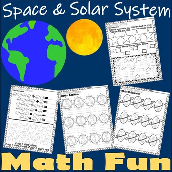 Preview of Space Math Worksheets NO PREP add subtract multiply divide Solar System Earth
