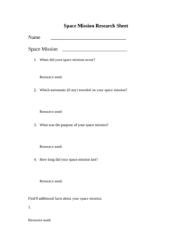 Preview of Space Mission Research Worksheet