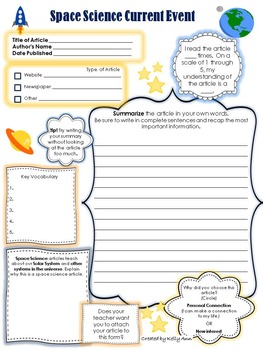 Preview of Current Event Worksheet - Space Science