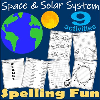 Preview of Space Spelling Literacy Worksheets NO PREP Word Search Poem Rhyming Solar System