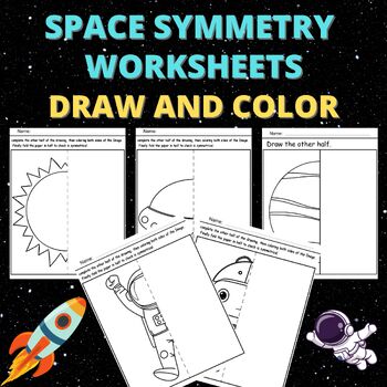 Preview of Space Symmetry Drawing Worksheets, Space Activity Sheets For Kids Draw and Color