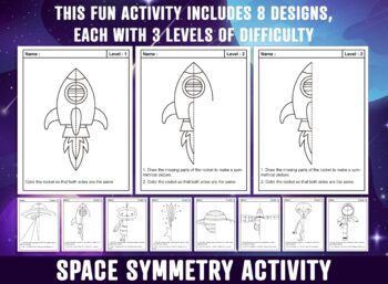 Preview of Space Symmetry Worksheet, Rocket, Alien Spacecraft, Astronaut Symmetry Activity