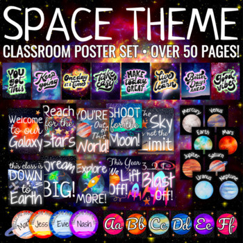 Preview of Space Theme Classroom Poster Set • Over 50 Pages of Decor, Name tags, More!