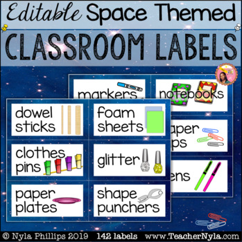 Preview of Space Themed Classroom Labels with Pictures - Editable