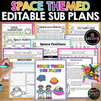 Preview of Space Themed Math and ELAR Editable Sub Plans | NO PREP Activities