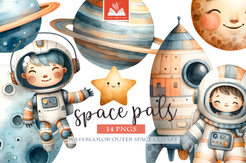 Preview of Space-Themed Watercolor Clipart - Astronaut and Planets PNGs