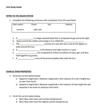 Preview of Space Unit Study Guide with Answer Key
