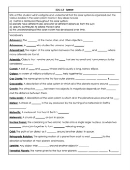 Preview of Space - VA Science 6 SOL 6.2 Notes (NEW 2018 Standards)