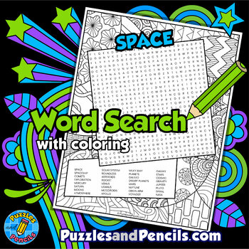 Preview of Space Word Search Puzzle Activity Page with Coloring | Solar System | Planets