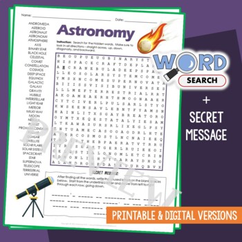 Preview of Outer Space, Astronomy Word Search Puzzle Vocabulary Activity Review Worksheet