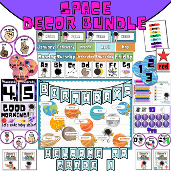 Preview of Space themed classroom decor bundle. Outer space galaxy elementary classroom