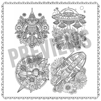 Preview of Spaceship and Flowers with Mandala Coloring, Mindful Relaxing Meditation Adults