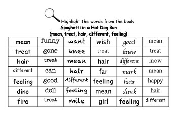 Preview of Spaghetti in a Hot Dog Bun - Find the Words Worksheets