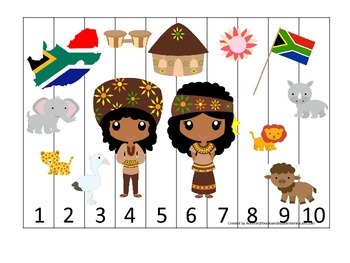 Preview of South Africa themed Number Sequence Puzzle preschool learning game.  Daycare.