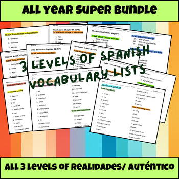 Preview of Spanish 1,2,3  Vocabulary Lists Super BUNDLE  (Realidades 1,2,3/Auténtico 1,2,3)