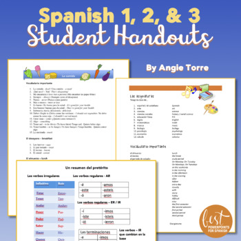 Preview of Spanish 1, 2, and 3 Student Handouts, Editable Cheat Sheets for an Entire Year