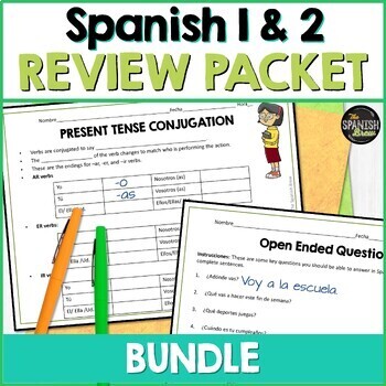 Preview of Spanish 1 & 2 review packet for final exams - Review activities for final exams