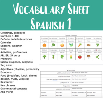 Preview of Spanish 1 (7th grade) - Vocabulary Sheet (Digital or Paper)