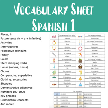 Preview of Spanish 1 (8th grade) - Vocabulary Sheet (Digital or Paper)