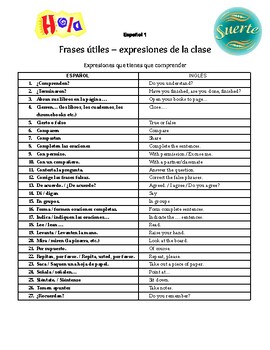 Expresiones Útiles en la clase de español Bingo Card