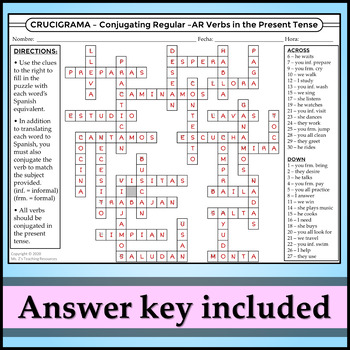 Spanish 1 - Crossword Puzzle for Conjugating Regular -AR Verbs | TpT