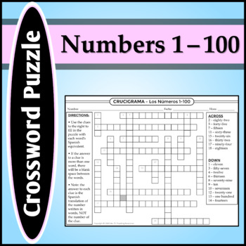 spanish crossword puzzle numbers 1 100 by ms zs teaching resources