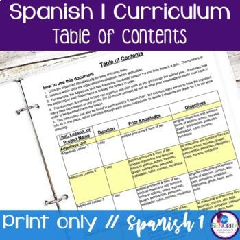 Preview of Spanish 1 Curriculum Table of Contents