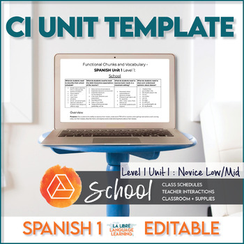 Preview of Spanish 1 Editable Unit Template & Lesson Guide | School Life and Supplies