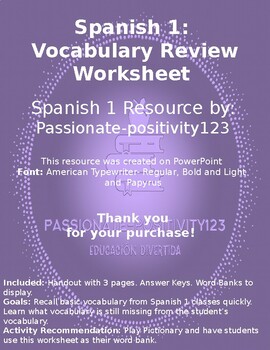 Preview of Spanish 1 End of Semester Vocabulary Review Sheets with Word Banks and Game Idea