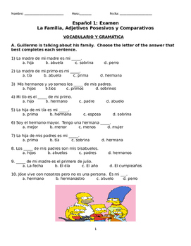 Preview of Spanish 1 Exam: Family Vocabulary, Possessive Adjectives and Comparatives
