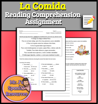 Preview of Spanish 1 Food La Comida Reading Comprehension Vocabulary Practice Worksheet