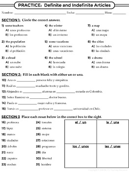 Spanish 1 Gender And Definite Indefinite Articles Worksheets And Notes