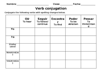 Preview of Spanish 1  Irregular Conjugation Chart Practice