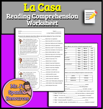 Preview of Spanish 1 La Casa House Reading Comprehension Worksheet