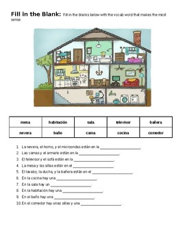 spanish 1 la casa house vocabulary practice reading comprehension worksheet