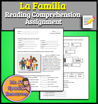 Preview of Spanish 1 La Familia Family Reading Comprehension Vocab Practice Worksheet