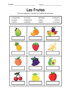 Preview of Spanish 1 Las Frutas Spanish Worksheets with and without a Word Bank