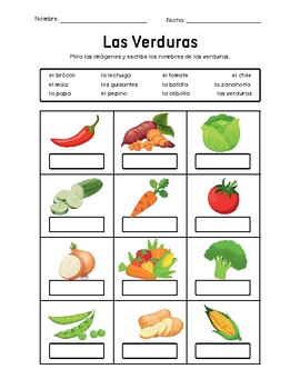 Preview of Spanish 1 Las Verduras Spanish Worksheets with and without a Word Bank