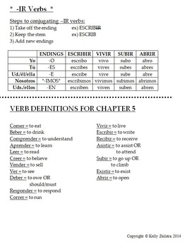 Spanish 1 - Notes for Conjugating -ER and -IR Verbs in the Present Tense