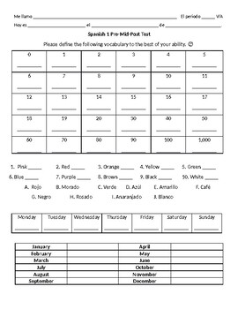 Preview of Spanish 1 Pre Test, Mid-Term, and/or Post-Test (Examen de español 1)